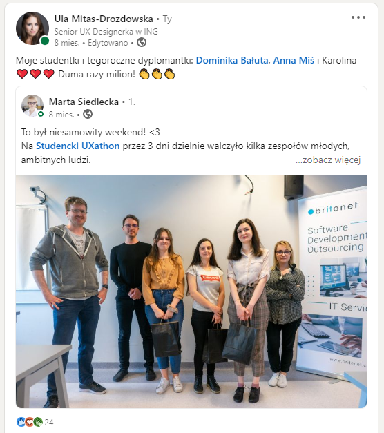 Post z linkedin "Moje studentki i tegoroczne dyplomantki, Dominika Bałuta, Anna Miś i Karolina. Duma razy milion!" Niżej post Marty Siedleckiej prezentujący zwycieżczynie hackathonu. 